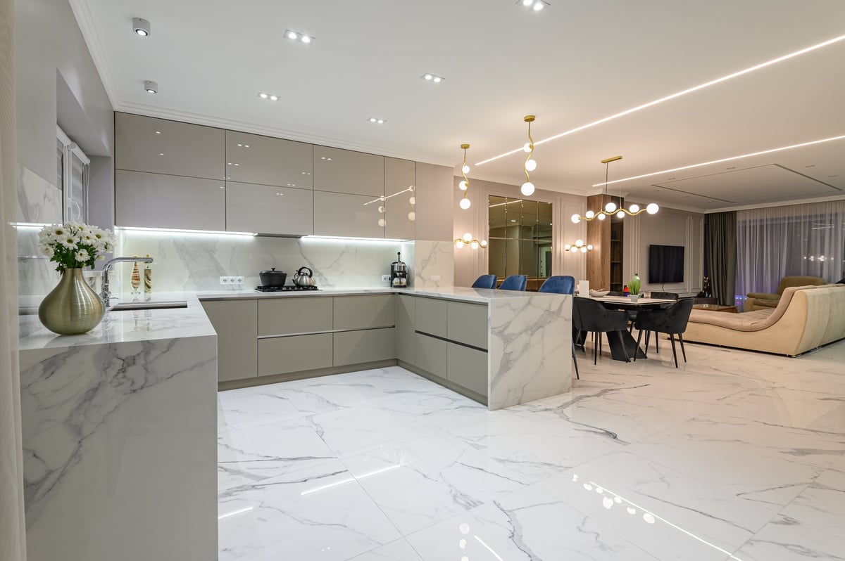 Luxury white marble kitchen in a Chelsea Manhattan loft