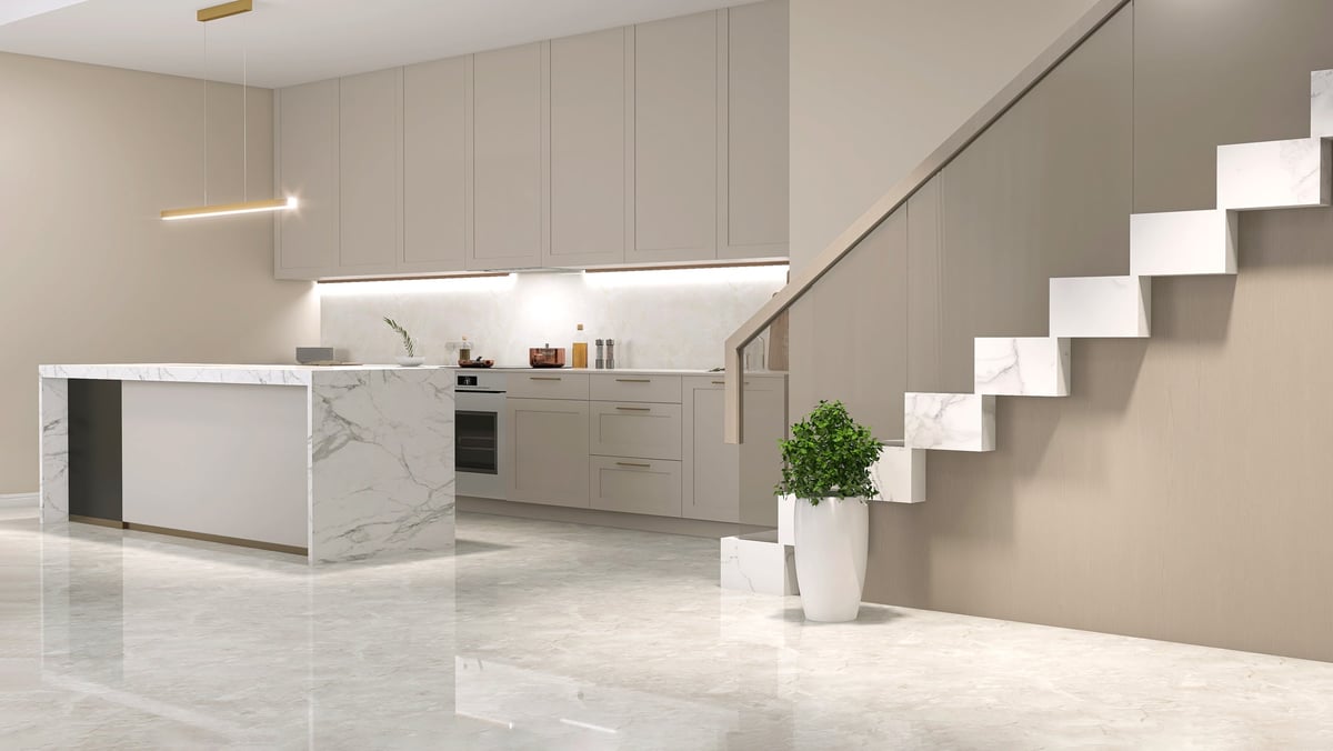 Marble island and stone staircase in a restored Harlem Manhattan brownstone