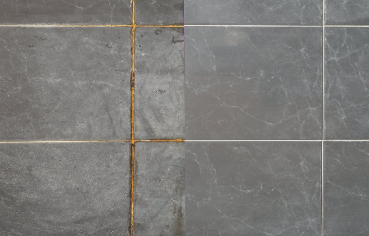 Tile grout before and after color change showing transformation from dirty to clean fresh grout