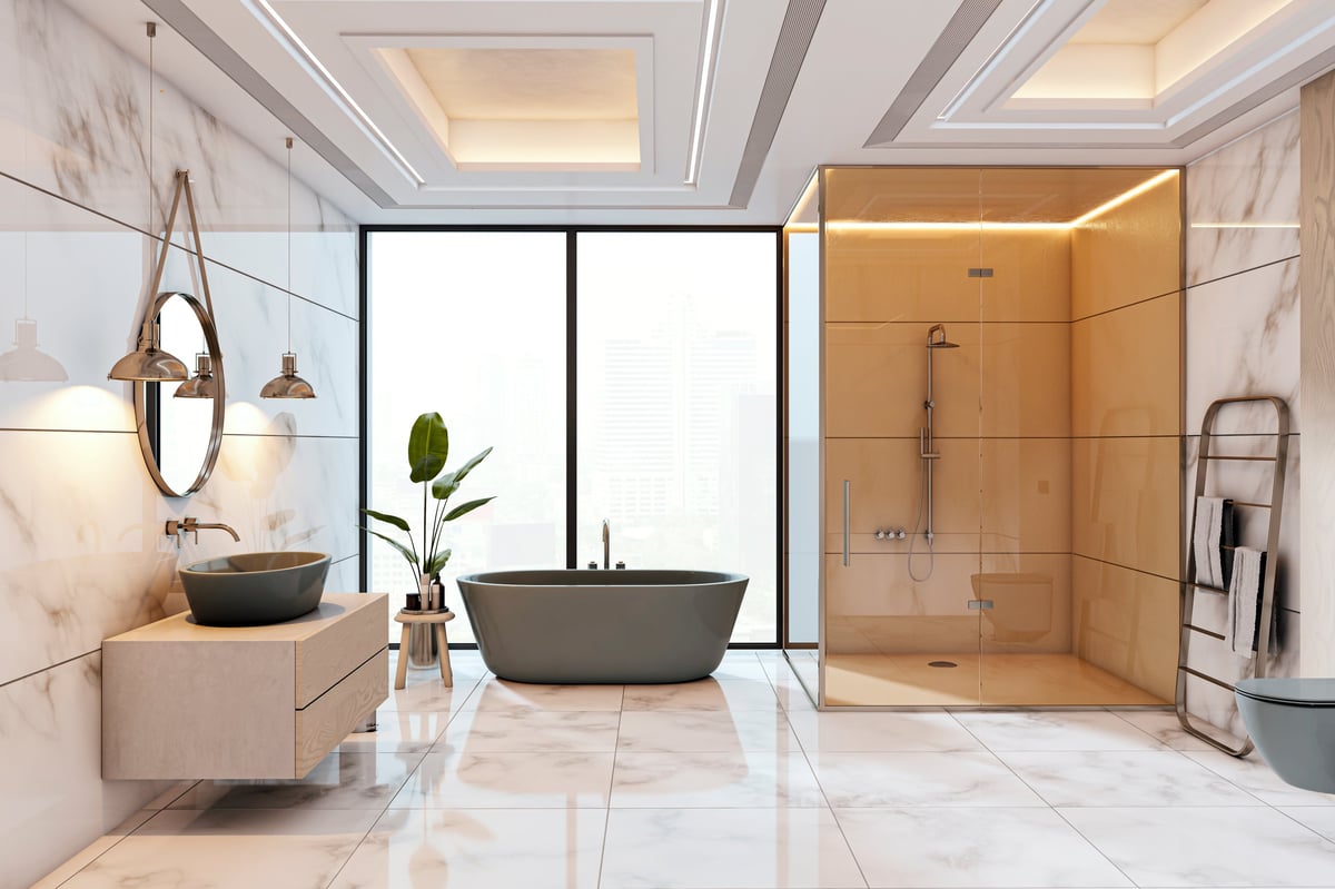 Luxury marble bathroom with marble walls and floor in a Tribeca Manhattan residence