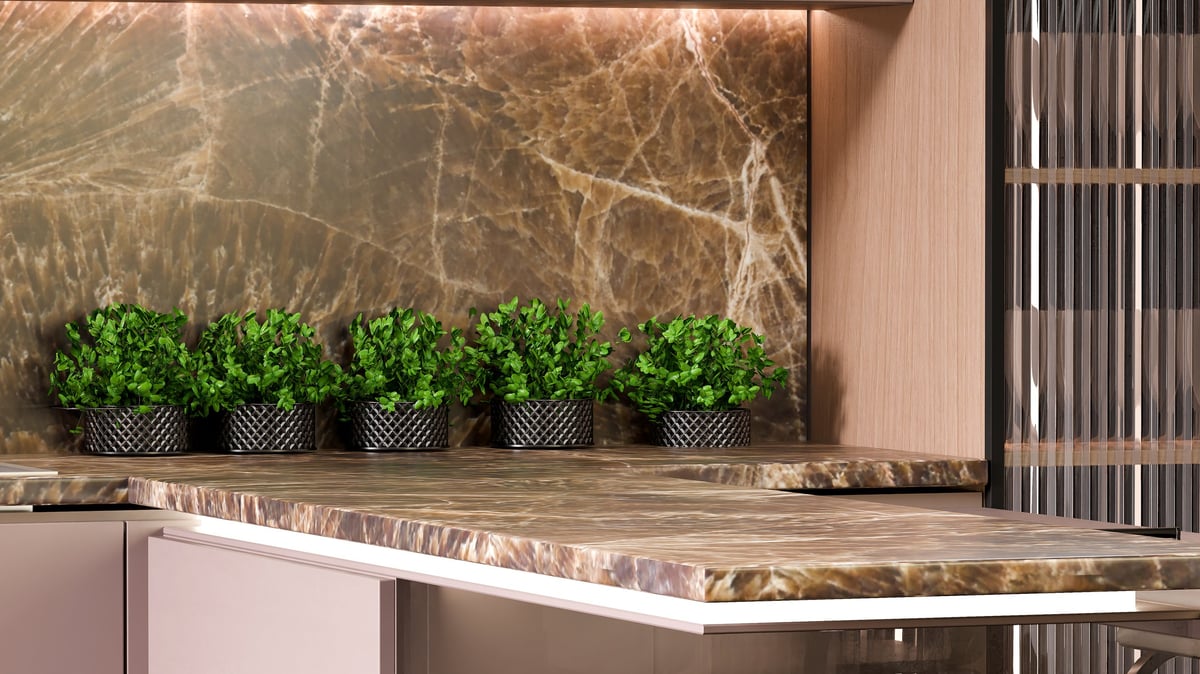 Marble kitchen countertop with marble backsplash in a Gramercy Manhattan apartment
