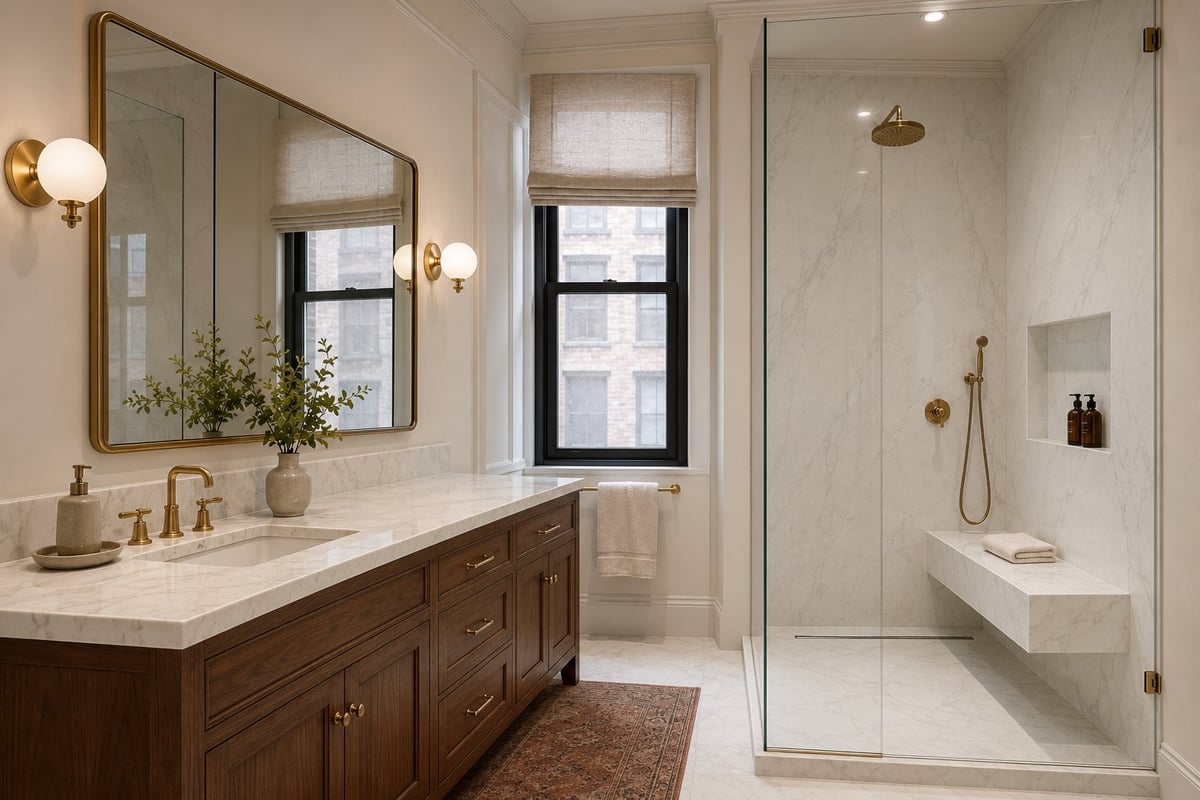 Modern luxe bathroom with dark wood vanity, white marble countertop, gold fixtures, large mirror, and glass-enclosed walk-in shower