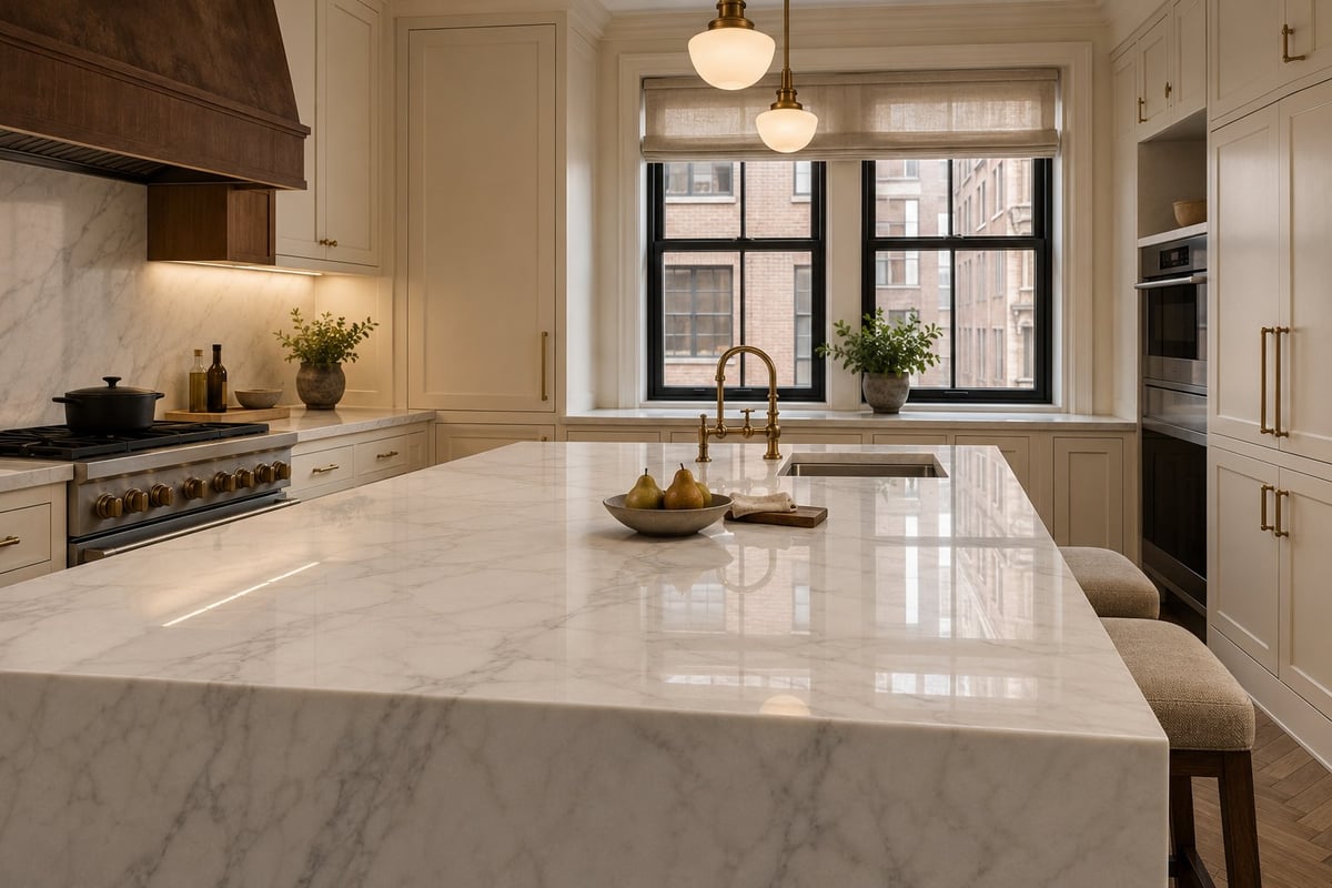 Modern luxury kitchen with white marble countertops, cream cabinetry, stainless steel appliances, and a large waterfall island with seating