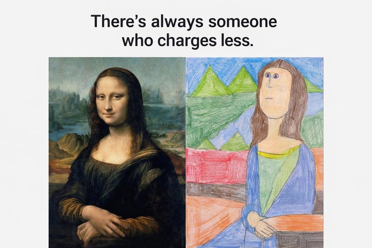 Mona Lisa compared to a crude child-like drawing with text Theres always someone who charges less
