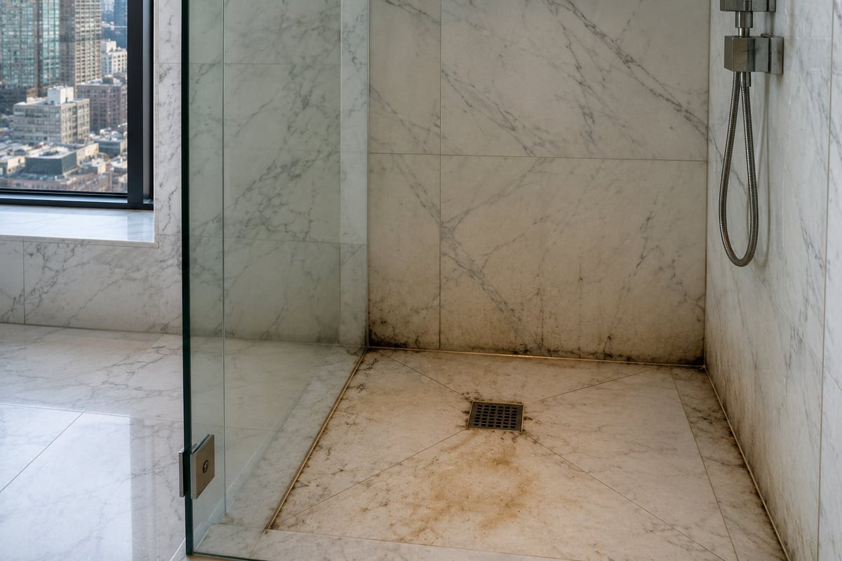 Modern marble shower enclosure with glass door and metal fixtures, showing interior floor drain and city skyline view through window