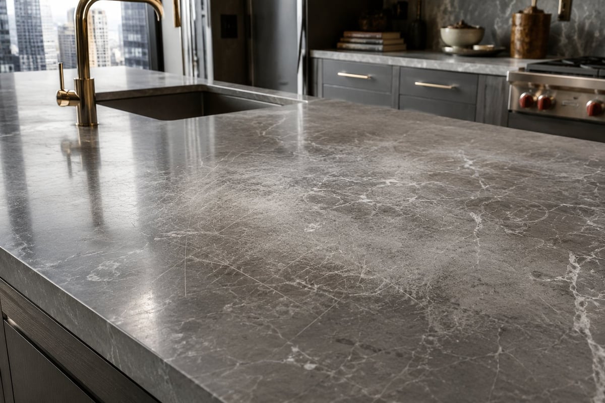 Modern kitchen with gray marble countertop, brass faucet, and dark cabinetry with brass hardware