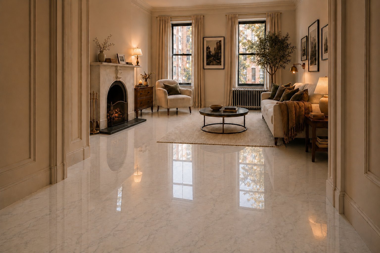 Elegant living room with polished marble flooring, cream walls, fireplace, furniture, large windows with natural light, and decorative plants