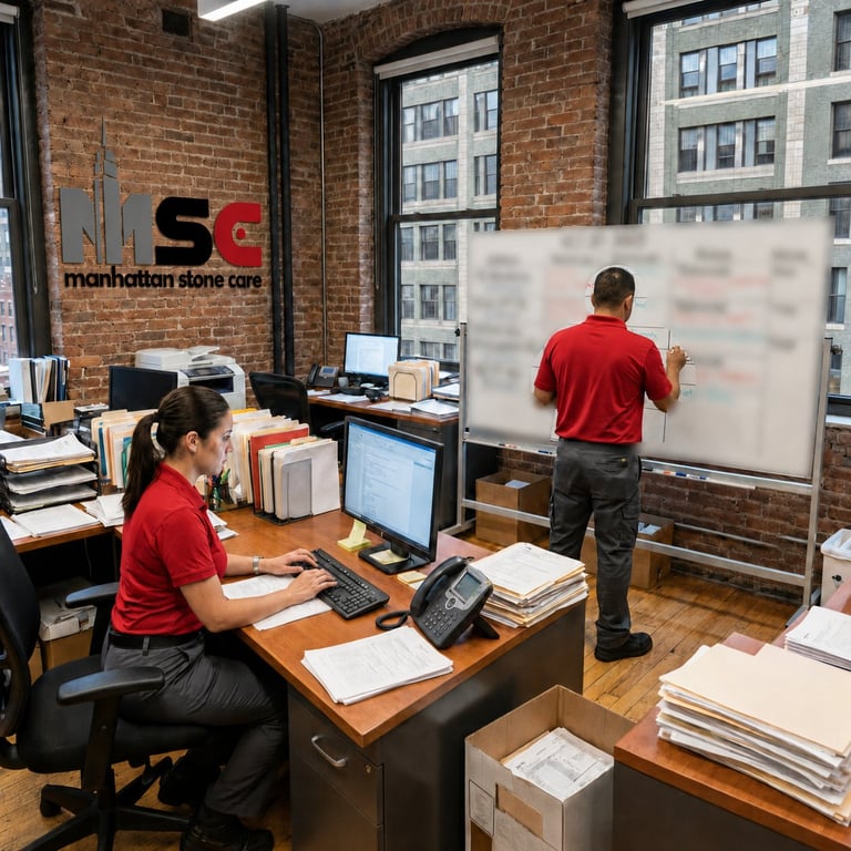 Two workers in blue shirts in a brick office. One sits at a desk with a computer, the other stands at a whiteboard. Manhattan Stone Care logo visible on wall.
