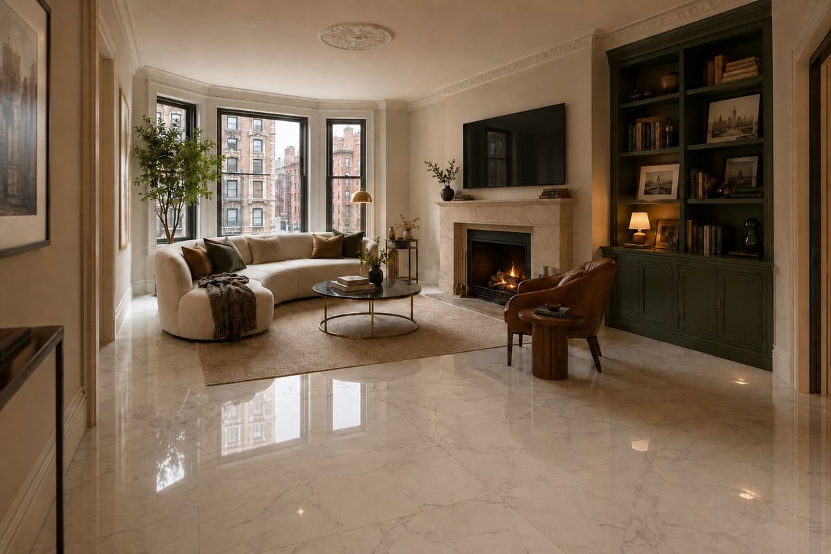Luxurious living room with marble flooring, cream sofa, fireplace, bookshelf, and large windows overlooking cityscape